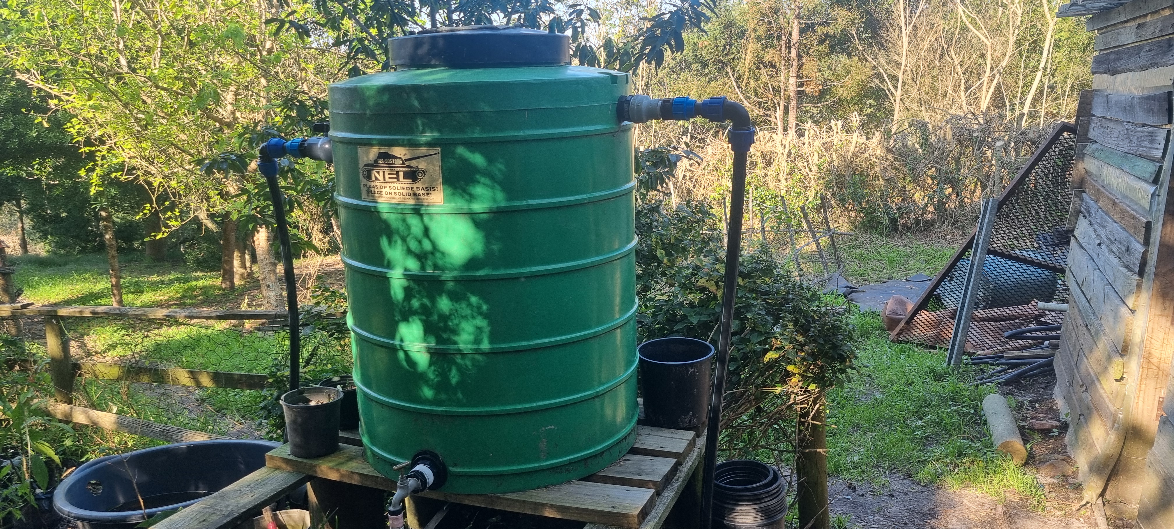 A 1500L tank supplies the tree nursery and tops up the eco pool.