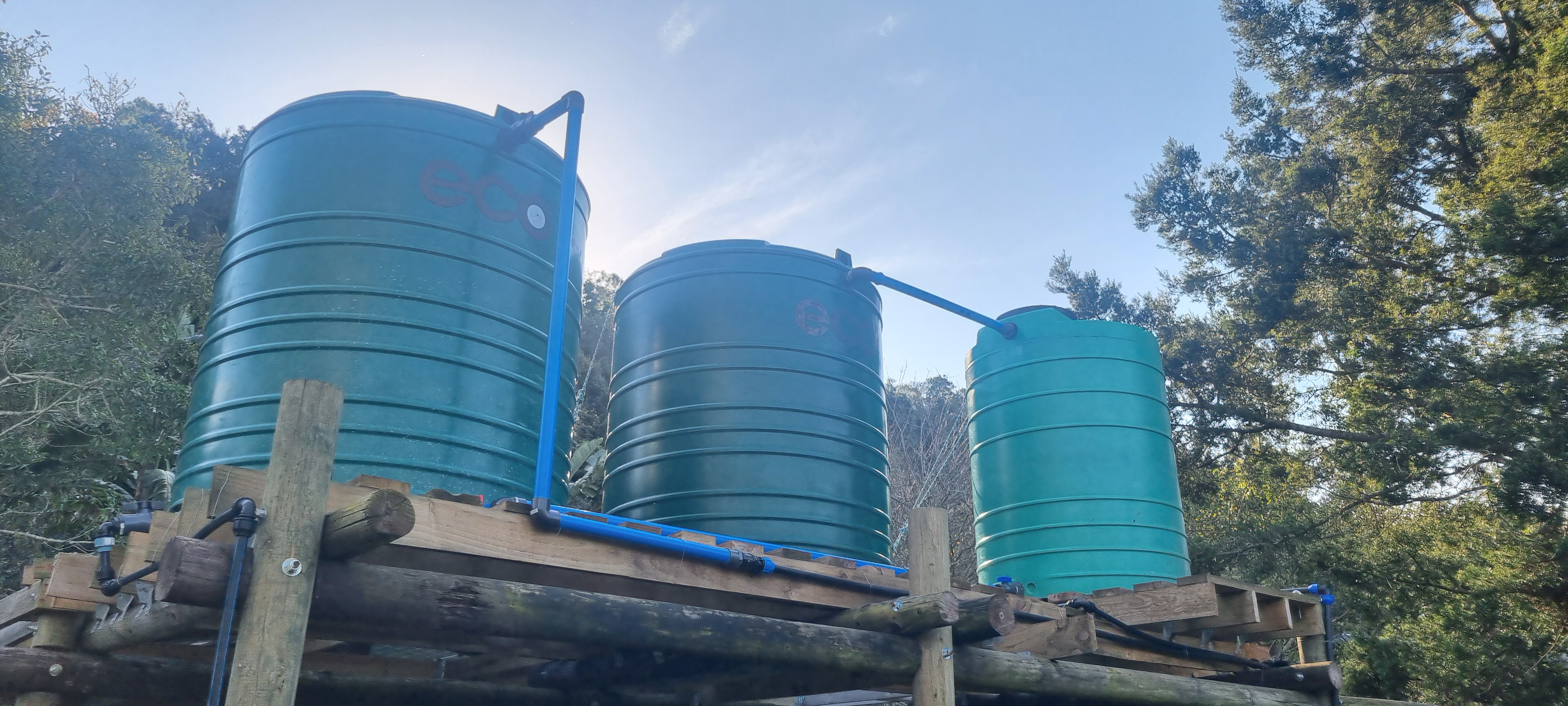 Three Jojo tanks on a raised wooden platform provide gravity-fed pressure to the tree nursery and eco pool below.